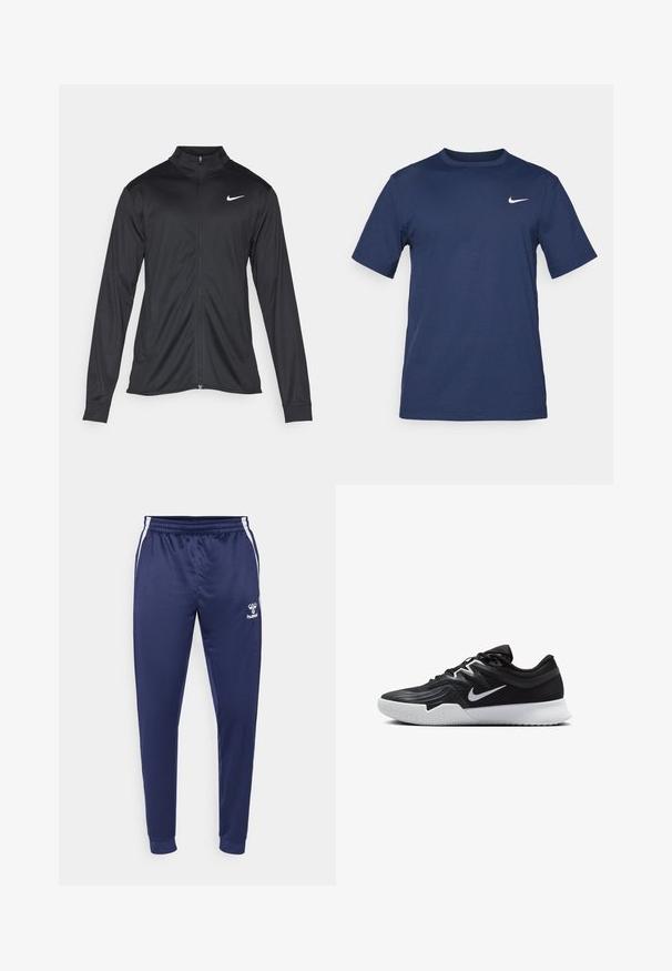 Jacket desportivo preto com mangas longas, colarinho e fecho zip completo. Apresenta um discreto logotipo da Nike em branco na parte superior do lado esquerdo do peito. Textura suave.; T-shirt Nike azul-marinho feito de um tecido suave, com mangas curtas, gola redonda e um pequeno logótipo branco no canto superior esquerdo do peito.; Calças atléticas azul-marinho feitas de tecido suave, com riscas laterais brancas, um cós elástico e um logótipo na coxa esquerda.; Sapatilha atlética preta com um cabedal texturizado, swoosh branco da Nike e uma sola de borracha branca. Apresenta um design com atacadores e uma forma dinâmica.