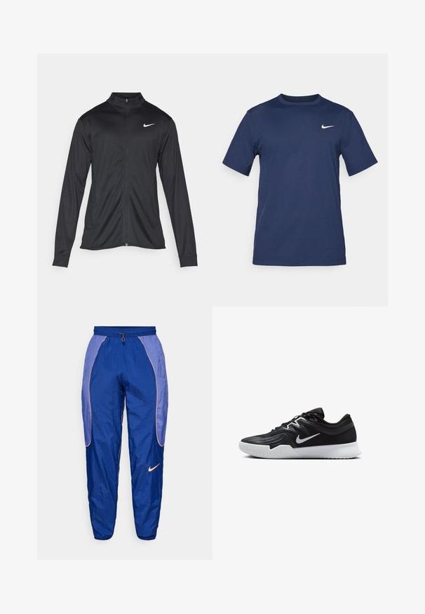 Zwarte sportjack met lange mouwen, kraag en volle rits. Voorzien van een subtiele Nike-logo in het wit op de bovenste linkerborst. Soepele textuur.; Marineblauwe Nike t-shirt gemaakt van zachte stof, met korte mouwen, een ronde hals en een klein wit logo op de bovenste linkerkant van de borst.; Blauwe nylon trainingsbroek met elastische tailleband, trekkoord en oranje piping. Kenmerkt het Nike-logo aan de linkerzijde. Glad materiaal, tapered fit.; Zwarte sportieve schoen met een gestructureerde bovenkant, witte Nike swoosh en een witte rubberen zool. Beschikt over een veterontwerp en een dynamische vorm.