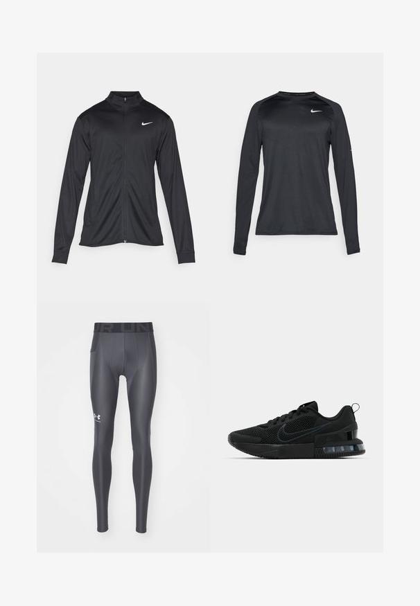 Fekete sportdzseki hosszú ujjal, gallérral és teljes cipzárral. Diszkrét fehér Nike logóval az upper bal mellen. Sima textúra.; Hosszú ujjú fekete sportpóló sima, rugalmas anyagból. Diszkrét textúrájú designnal és egy kis fehér logóval a mellkasán.; Szürke sport leggings sima, rugalmas anyagból, széles fekete derékrésszel és egy kicsi fehér logóval az alsó lábszáron.; Fekete Nike sportcipő, hálós felsőrésszel, gumitalppal, párnázott nyakkal és jellegzetes átlátszó sarokbetéttel.