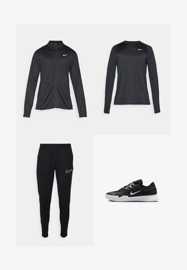 Jacket desportivo preto com mangas longas, colarinho e fecho zip completo. Apresenta um discreto logotipo da Nike em branco na parte superior do lado esquerdo do peito. Textura suave.; Camisola de mangas longas preta de desporto, feita de um material liso e elástico. Apresenta um design texturizado subtil e um pequeno logótipo branco no peito.; Calças de treino pretas com um cós elástico, corte ajustado, e logo branco da Nike no lado esquerdo. Tecido macio com uma textura suave.; Sapatilha atlética preta com um cabedal texturizado, swoosh branco da Nike e uma sola de borracha branca. Apresenta um design com atacadores e uma forma dinâmica.