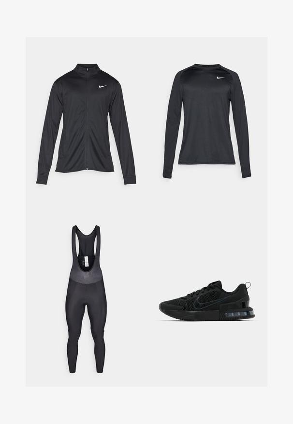 Czarna sportowa kurtka z długimi rękawami, kołnierzem i pełnym zamkiem. Posiada subtelne logo Nike w białym kolorze na lewej górnej części klatki piersiowej. Gładka tekstura.; Czarny, długi rękaw sportowy koszulka wykonana z gładkiego, elastycznego materiału. Posiada subtelny teksturowany wzór oraz małe białe logo na klatce piersiowej.; Czarne spodnie kolarskie z szelkami, z fakturowaną górną częścią z siateczką, dopasowanymi nogawkami i wyściełanym siedzeniem dla komfortu.; Czarne buty sportowe Nike z siateczkową cholewką, gumową podeszwą, wyściełanym kołnierzem i wyraźnym przezroczystym akcentem na pięcie.