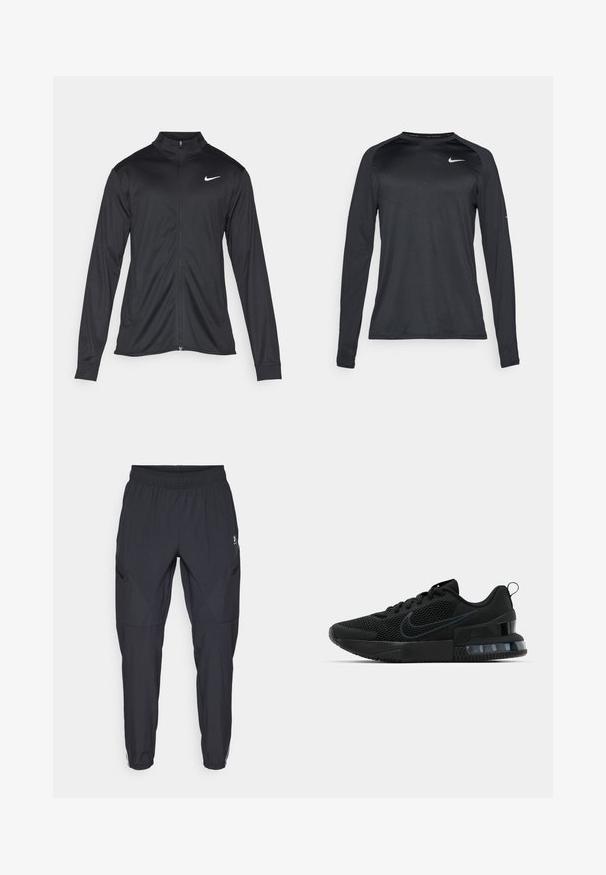 Fekete sportdzseki hosszú ujjal, gallérral és teljes cipzárral. Diszkrét fehér Nike logóval az upper bal mellen. Sima textúra.; Hosszú ujjú fekete sportpóló sima, rugalmas anyagból. Diszkrét textúrájú designnal és egy kis fehér logóval a mellkasán.; Fekete sportnadrág, könnyű anyagból készült. Jellemzője a rugalmas derékpánt, a szűkített szárak és a cipzáras oldalsó zsebek.; Fekete Nike sportcipő, hálós felsőrésszel, gumitalppal, párnázott nyakkal és jellegzetes átlátszó sarokbetéttel.