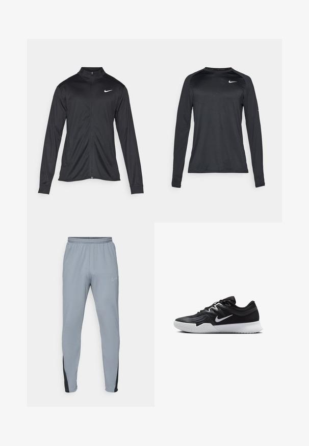 Chaqueta atlética negra con mangas largas, collar y cremallera completa. Presenta un sutil logo de Nike en blanco en la parte superior izquierda del pecho. Textura suave.; Camisa deportiva de manga larga negra hecha de un material suave y elástico. Presenta un diseño texturizado sutil y un pequeño logo blanco en el pecho.; Pantalones atléticos grises con cintura elástica, piernas entalladas y detalles en negro. Presenta un pequeño logo gris claro en el lado izquierdo.; Zapatilla deportiva negra con parte superior texturizada, logo de Nike en blanco y suela de goma blanca. Tiene un diseño con cordones y una forma dinámica.