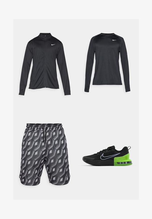 Black athletic jacket with long sleeves, collar, and full zipper. Features a subtle Nike logo in white on the upper left chest. Smooth texture.; Long-sleeve black athletic shirt made of a smooth, stretchy material. Features a subtle textured design and a small white logo on the chest.; Black shorts with a geometric gray pattern, elastic waistband with drawstring, and side pockets visible. Made from lightweight fabric.; Black athletic shoe with mesh upper, featuring a green and black sole with air cushioning, and a white Nike swoosh logo.