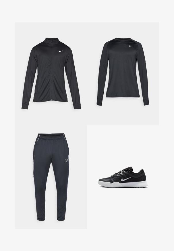 Zwarte sportjack met lange mouwen, kraag en volle rits. Voorzien van een subtiele Nike-logo in het wit op de bovenste linkerborst. Soepele textuur.; Zwart sportshirt met lange mouwen, gemaakt van een gladde, elastische stof. Heeft een subtiele textuur en een klein wit logo op de borst.; Zwarte sportbroek van gladde stof, met een elastische tailleband, taps toelopende benen en witte zijstrepen. Inclusief een Under Armour-logo.; Zwarte sportieve schoen met een gestructureerde bovenkant, witte Nike swoosh en een witte rubberen zool. Beschikt over een veterontwerp en een dynamische vorm.