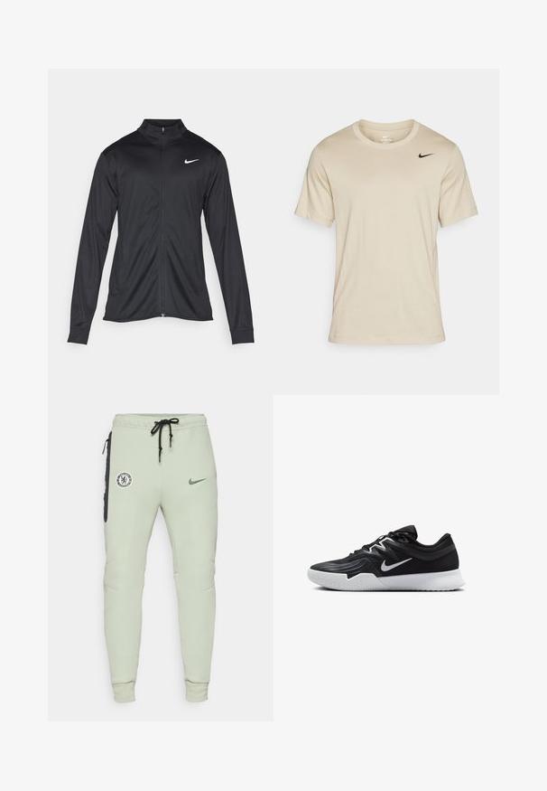 Zwarte sportjack met lange mouwen, kraag en volle rits. Voorzien van een subtiele Nike-logo in het wit op de bovenste linkerborst. Soepele textuur.; Beige T-shirt met korte mouwen van zachte stof, met een ronde halslijn en een zwart Nike-logo op de linkerborst. Glad textuur.; Lichtgroene joggingbroek met een slimfit ontwerp, voorzien van een Chelsea FC-logo en Nike-swoosh, zijzakken met zwarte accenten en elastische boorden.; Zwarte sportieve schoen met een gestructureerde bovenkant, witte Nike swoosh en een witte rubberen zool. Beschikt over een veterontwerp en een dynamische vorm.