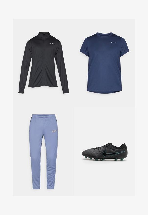 Černá sportovní bunda s dlouhými rukávy, límcem a plným zipem. Má decentní bílou logo značky Nike na horní levé části hrudi. Hladká textura.; Námořnická modrá sportovní trička s krátkým rukávem vyrobená z hladkého, lehkého materiálu; má malé bílé logo Nike na levém horním rohu.; Světle modré sportovní kalhoty vyrobené z měkké tkaniny, s černými bočními panely, elastickým pasem a žlutým logem Nike na levém stehně.; Černé fotbalové kopačky s texturovaným koženým svrškem, se symbolikou Nike v barvě teal a pěti tvarovanými kolíky na tmavé podrážce pro trakci.