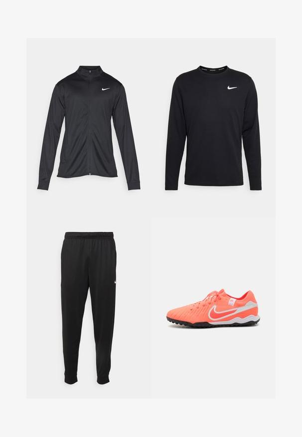 Fekete sportdzseki hosszú ujjal, gallérral és teljes cipzárral. Diszkrét fehér Nike logóval az upper bal mellen. Sima textúra.; Fekete, hosszú ujjú Nike póló sima anyagból, bal mellen fehér Nike logóval és kerek nyakkivágással.; Fekete sportos nadrág sima anyagból, rugalmas derékkal, szűkülő lábakkal és egy kis fehér logóval a bal oldalon.; Nike focicipők, élénk rózsaszín fehér kiegészítőkkel, texturált felső rész, hagyományos fűzés és fekete gumitalp a tapadás érdekében.