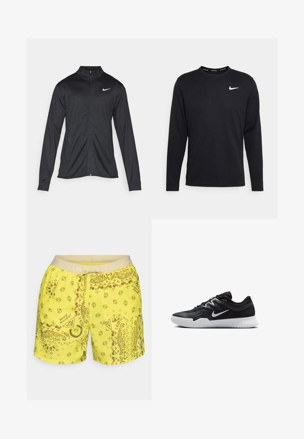 Črna atletska jakna z dolgimi rokavi, ovratnikom in polnim zadrgo. Vključuje diskreten bel Nike logotip na zgornjem levem delu prsnega koša. Gladka tekstura.; Črna dolgoročna Nike majica z gladko tkanino, ki ima bel Nike logo na levi strani prsnega dela in okroglo ovratnico.; Svetlo rumene hlače s potiskom paisley v rjavi barvi. Elastičen pas z napiso "NIKE TRAIL". Črta za prilagoditev.; Črne atletske čevlje z teksturirano zgornjico, belim Nike znakom in belim gumijastim zunanjim podplatom. Imajo vezalni dizajn in dinamično obliko.