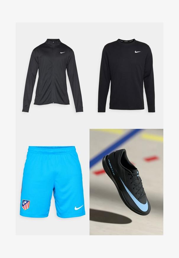 Černá sportovní bunda s dlouhými rukávy, límcem a plným zipem. Má decentní bílou logo značky Nike na horní levé části hrudi. Hladká textura.; Černá dlouhá rukávová košile Nike vyrobená z hladkého materiálu, na levé straně hrudi se nachází bílé logo Nike a má kulatý výstřih.; Světlé modré sportovní šortky vyrobené z prodyšné tkaniny s elastickým pasem, s nášivkou týmového loga a bílým logem Nike.; Černá sportovní obuv s modrými akcenty, texturovaný povrch, šněrovací design a charakteristické logo Nike. Gumová podešev s protiskluzovými vzory.