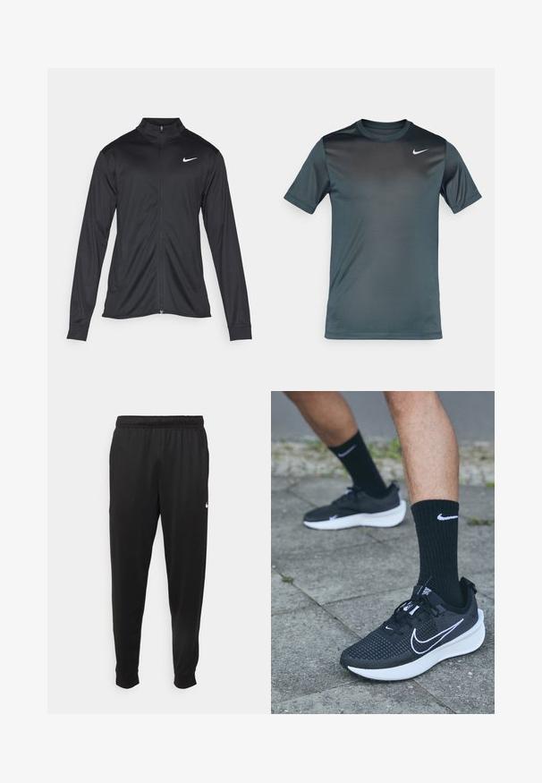 Černá sportovní bunda s dlouhými rukávy, límcem a plným zipem. Má decentní bílou logo značky Nike na horní levé části hrudi. Hladká textura.; Nike tričko s krátkým rukávem v tmavě modrozelené barvě, vyrobené z hladkého, prodyšného materiálu. Má jemný gradient a bílé logo na hrudi.; Černé sportovní kalhoty vyrobené z hladké tkaniny, s elastickým pasem, zúženými nohavicemi a malým bílým logem na levé straně.; Nike Performance INTERACT RUN - Běžecké boty do terénu - black/white/anthracite