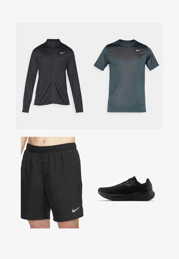 Musta urheilutakki pitkillä hihoilla, kauluksella ja kokonaisella vetoketjulla. Täydentää hienovarainen Nike-logo valkoisena vasemmassa ylärinnassa. Litteä pinta.; Nike lyhythihainen t-paita tummansinisenä, valmistettu sileästä ja hengittävästä kankaasta. Sisältää hienovaraisen gradientin ja valkoisen logon rinnassa.; Mustat urheilushortsit, jotka on valmistettu kevyestä materiaalista, elastisella vyötärönauhalla ja pienellä harmaalla Nike-logolla oikeassa alakulmassa.; Mustat urheilukengät, joissa on teksturoitu päällys, tyylikäs muotoilu, nauhakiinnitys ja paksumpi uritettu pohja paremman pidon takaamiseksi.