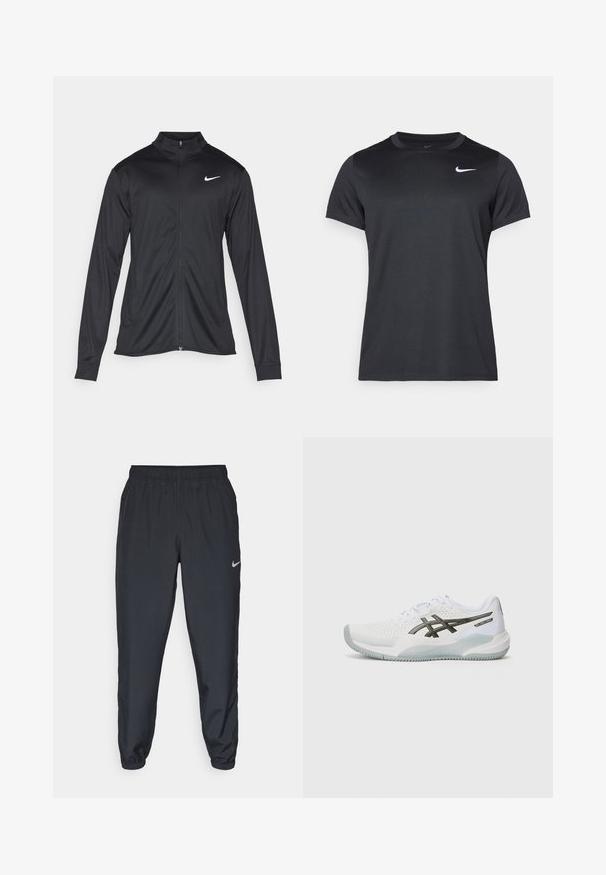 Jachetă sportivă neagră cu mâneci lungi, guler și fermoar complet. Prezintă un logo Nike subtil, alb, pe pieptul din stânga sus. Textură netedă.; Tricou sport negru Nike cu mâneci scurte, guler rotund, textură netedă, având un logo alb în partea superioară stângă.; Pantaloni sport negri dintr-un material ușor, cu un band elastic la talie, mansete la glezne și un logo Nike discret pe partea stângă.; Încălțăminte sport albă cu parte superioară din plasă cu perforații, accente negre, vârf rotund și talpă texturată pentru aderență.