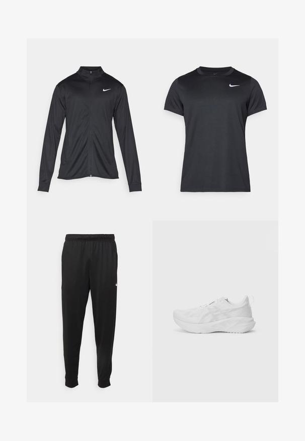 Giacca sportiva nera con maniche lunghe, colletto e zip completa. Presenta un logo Nike in bianco sulla parte superiore del lato sinistro del petto. Tessuto morbido.; Maglietta sportiva nera Nike con maniche corte, colletto a giro, texture liscia, caratterizzata da un logo bianco sull'angolo in alto a sinistra.; Pantaloni sportivi neri realizzati in tessuto liscio, con una vita elastica, gambe affusolate e un piccolo logo bianco sul lato sinistro.; Scarpa sportiva bianca con tomaia in mesh testurizzato, imbottitura innovativa, suola curvata e linguetta sul tallone per facilitarne l'indossamento.