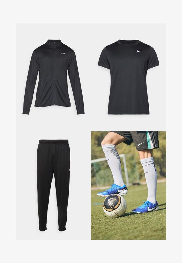 Jacket desportivo preto com mangas longas, colarinho e fecho zip completo. Apresenta um discreto logotipo da Nike em branco na parte superior do lado esquerdo do peito. Textura suave.; Camiseta esportiva preta da Nike com mangas curtas, gola redonda, textura suave, apresentando um logo branco no lado superior esquerdo.; Calças de desporto pretas feitas de tecido suave, com uma cintura elástica, pernas ajustadas e um pequeno logo branco no lado esquerdo.; Chuteiras de futebol Nike azuis com parte superior texturizada, detalhes em preto e cravos brancos; uma bola de futebol preto e branco com detalhes em dourado por baixo.