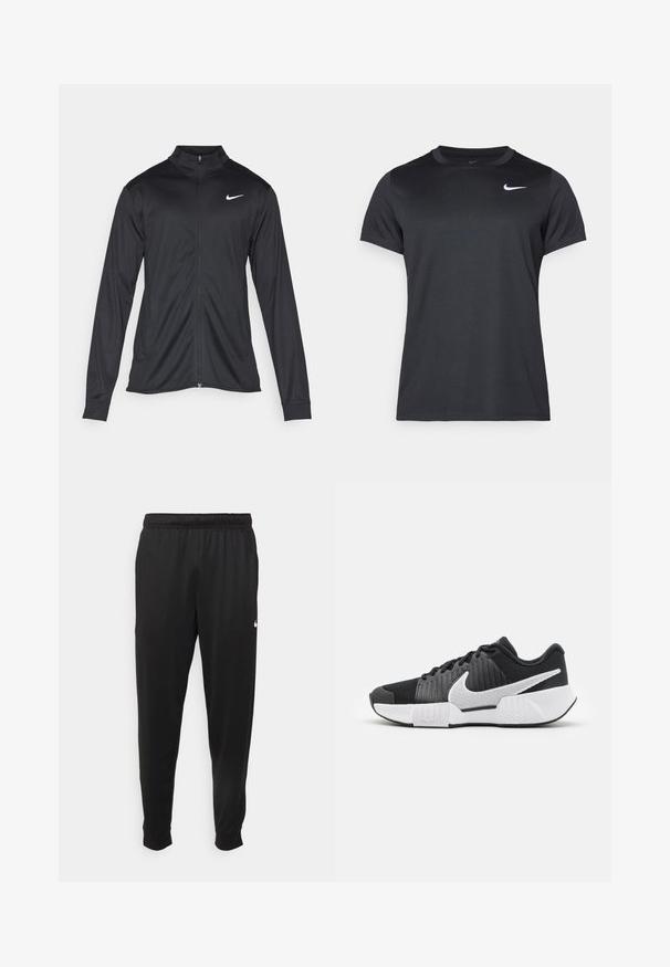 Jachetă sportivă neagră cu mâneci lungi, guler și fermoar complet. Prezintă un logo Nike subtil, alb, pe pieptul din stânga sus. Textură netedă.; Tricou sport negru Nike cu mâneci scurte, guler rotund, textură netedă, având un logo alb în partea superioară stângă.; Pantaloni sportivi negri dintr-o țesătură netedă, cu un elastic la brâu, picioare conice și un mic logo alb pe partea stângă.; Pantofi sport negri cu un superior texturat, logo-ul swoosh alb, călcâi căptușit și o talpă albă în contrast care prezintă un model în zigzag.