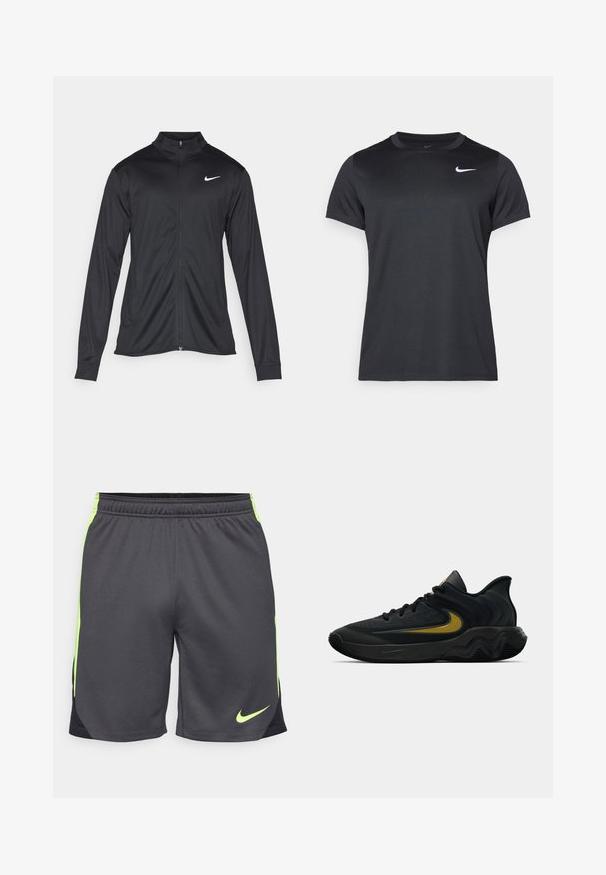 Sort atletisk jakke med lange ærmer, krave og fuld lynlås. Har et diskret Nike-logo i hvidt på den øverste venstre side af brystet. Glat tekstur.; Sort Nike sports t-shirt med korte ærmer, rund hals, glat tekstur, med et hvidt logo på øverste venstre side.; Herresportsshorts lavet af let gråt stof med neongrønne accenter og et sort sidepanel. Har en elastisk talje for komfort.; Sort og mørkegrå atletisk sko med sorte snørebånd og guld swoosh-logo, der har et bølget såledesign og polstret hælkant.