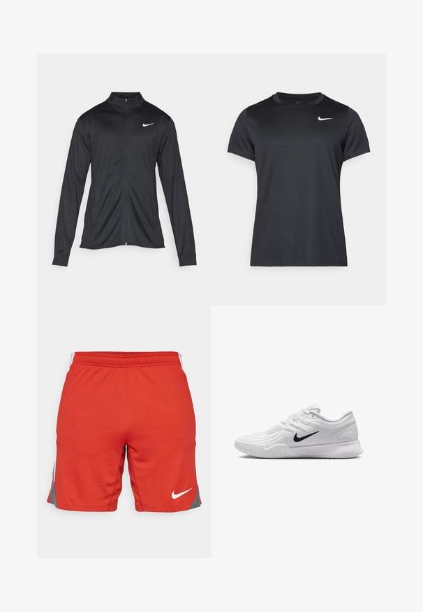 Melna sporta jaka ar garām piedurknēm, apkakli un pilnu rāvējslēdzēju. Uz kreisā krūts augšdaļas ir maigs Nike logo baltā krāsā. Gluda tekstūra.; Melnā Nike sporta t-krekls ar īsām piedurknēm, apaļu kaklu, gludu tekstūru un baltu logo augšējā kreisajā stūrī.; Sarkanais sporta šorts ar teksturētu virsmu, ar pelēkiem sānu akcentiem un baltu Nike logotipu apakšējā kreisajā stūrī. Elastīgs jostasvieta.; Baltas sporta apavi ar teksturētu sietiņu, melns Nike zīmols, polsterētas apkakles un gumijas zole ar profilu.