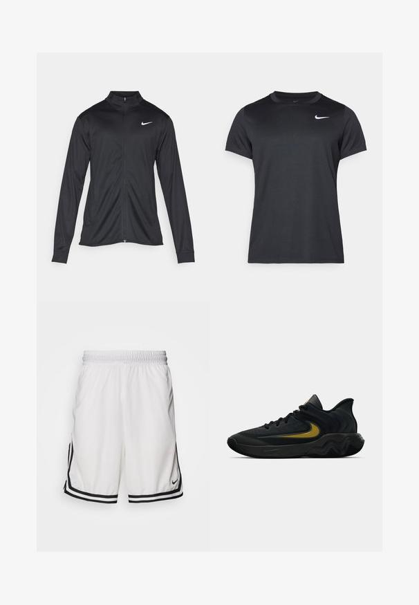 Μαύρο αθλητικό μπουφάν με μακριά μανίκια, γιακά και πλήρη φερμουάρ. Διαθέτει ένα διακριτικό λευκό λογότυπο της Nike στη πάνω αριστερή πλευρά του στήθους. Λείος υφασμάτινος χαρακτήρας.; Μαύρο αθλητικό μπλουζάκι Nike με κοντά μανίκια, στρογγυλή λαιμόκοψη, λεία υφή, με λευκό λογότυπο στην επάνω αριστερή πλευρά.; Λευκά αθλητικά σορτς με διχτυωτή υφή, ελαστική μέση και μαύρες λωρίδες στο πλάι. Διαθέτει ένα μικρό μαύρο λογότυπο στην άκρη.; Μαύρο και σκούρο γκρίζο αθλητικό παπούτσι με μαύρες κορδόνες και χρυσό λογότυπο σούσι, με κυματιστό σχέδιο σόλας και επενδυμένο κολάρο στον αστράγαλο.