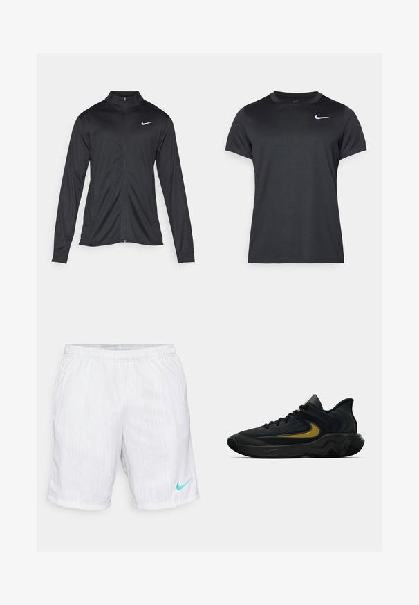 Must värvi sportlik jakk pikkade varrukatega, krae ja täispikk tõmblukk. Ülemises vasakus rinnas on diskreetne valge Nike logo. Sile tekstuur.; Mustmustuur Nike spordit-särk lühikeste varrukatega, ümmarguse kaelusega, sileda tekstuuriga, millel on valge logo vasakul ülemisel küljel.; Valged sportlikud lühikesed püksid tekstuuriga mustriga, elastse vöökoha, küljetaskutega ja türkiissinise Nike logo alumisel paremal küljel.; Mustmust värvi ja tumeda halli sportlik king, millel on mustad paelad ja kuldne swooshi logo, ning laineline tald ja pehmendatud kand.