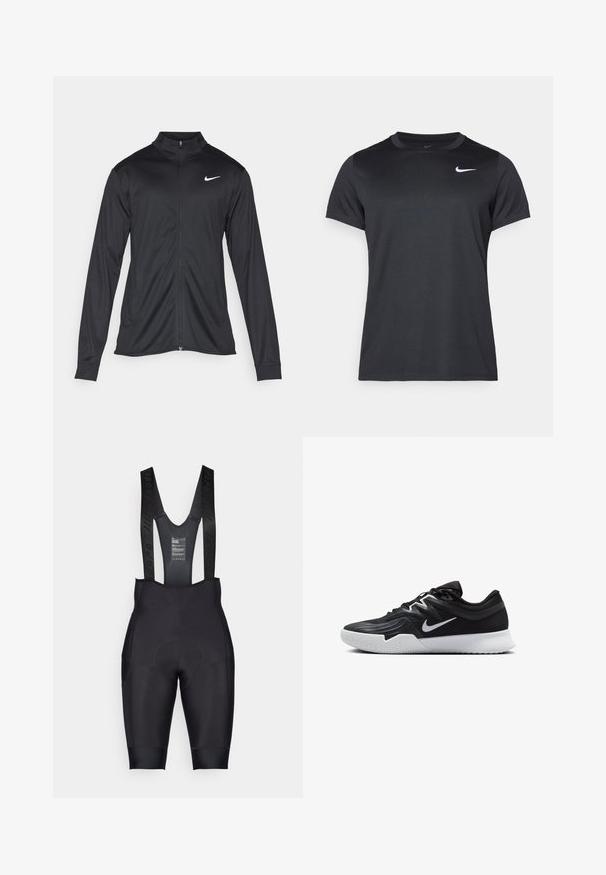 Czarna sportowa kurtka z długimi rękawami, kołnierzem i pełnym zamkiem. Posiada subtelne logo Nike w białym kolorze na lewej górnej części klatki piersiowej. Gładka tekstura.; Czarna sportowa koszulka Nike z krótkim rękawem, okrągłym dekoltem, gładką fakturą, z białym logo na górnej lewej stronie.; Czarne spodenki kolarskie z wygodnym wkładem, elastycznymi ramionami i gładką, rozciągliwą teksturą. Wyróżniają się minimalistycznym wzornictwem.; Czarne buty sportowe z teksturowaną cholewką, białym logo Nike i białą gumową podeszwą. Charakteryzują się sznurowanym zapięciem i dynamicznym kształtem.