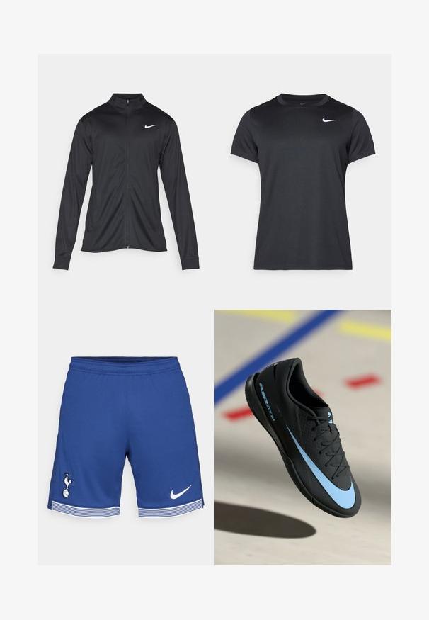 Black athletic jacket with long sleeves, collar, and full zipper. Features a subtle Nike logo in white on the upper left chest. Smooth texture.; Black Nike sports t-shirt with short sleeves, crew neck, smooth texture, featuring a white logo on the upper left side.; Nike Performance TOTTENHAM NIKE DF SHORT STADIUM HOME - Club wear - binary blue/white; Black athletic shoe with blue accents, textured surface, lace-up design, and distinctive Nike logo. Rubber sole with grip patterns.