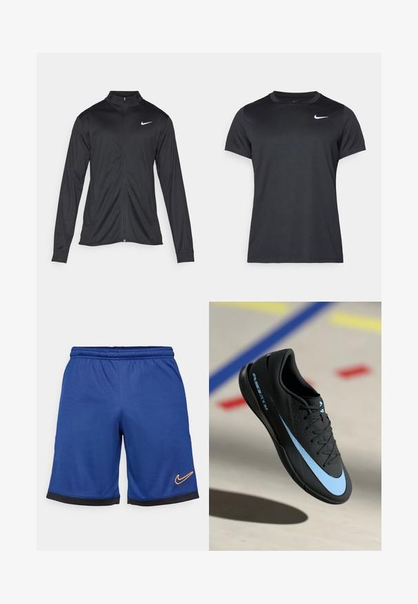 Black athletic jacket with long sleeves, collar, and full zipper. Features a subtle Nike logo in white on the upper left chest. Smooth texture.; Black Nike sports t-shirt with short sleeves, crew neck, smooth texture, featuring a white logo on the upper left side.; Men's blue Nike athletic shorts with an elastic waistband, black accents at the hem, and an orange logo on the lower left side.; Black athletic shoe with blue accents, textured surface, lace-up design, and distinctive Nike logo. Rubber sole with grip patterns.