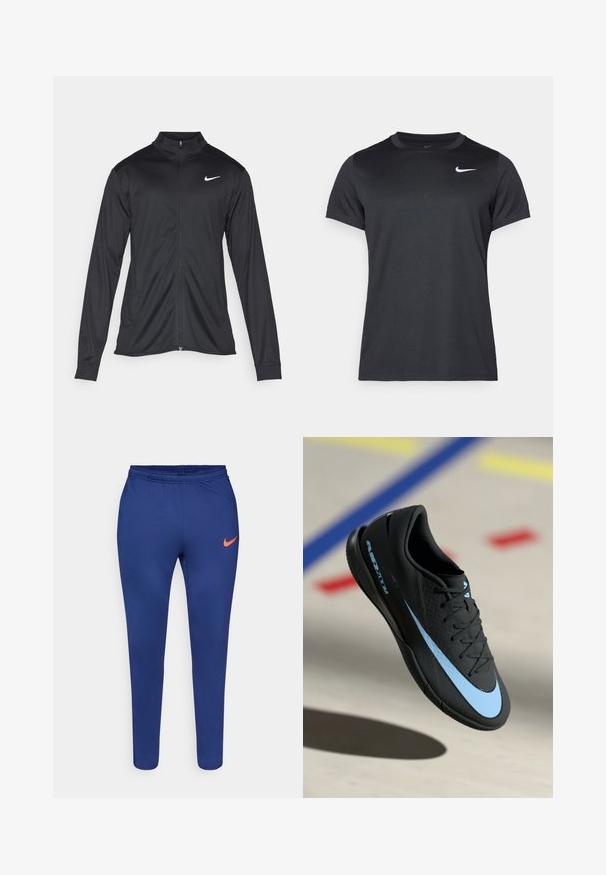 Jacket desportivo preto com mangas longas, colarinho e fecho zip completo. Apresenta um discreto logotipo da Nike em branco na parte superior do lado esquerdo do peito. Textura suave.; Camiseta esportiva preta da Nike com mangas curtas, gola redonda, textura suave, apresentando um logo branco no lado superior esquerdo.; Calças atléticas slim-fit azul-marinho com faixa elástica na cintura e logo laranja da Nike na coxa direita, em fundo branco.; Shoe atlético preto com detalhes azuis, superfície texturizada, design de atacadores e logótipos distintivos da Nike. Sola em borracha com padrões de aderência.