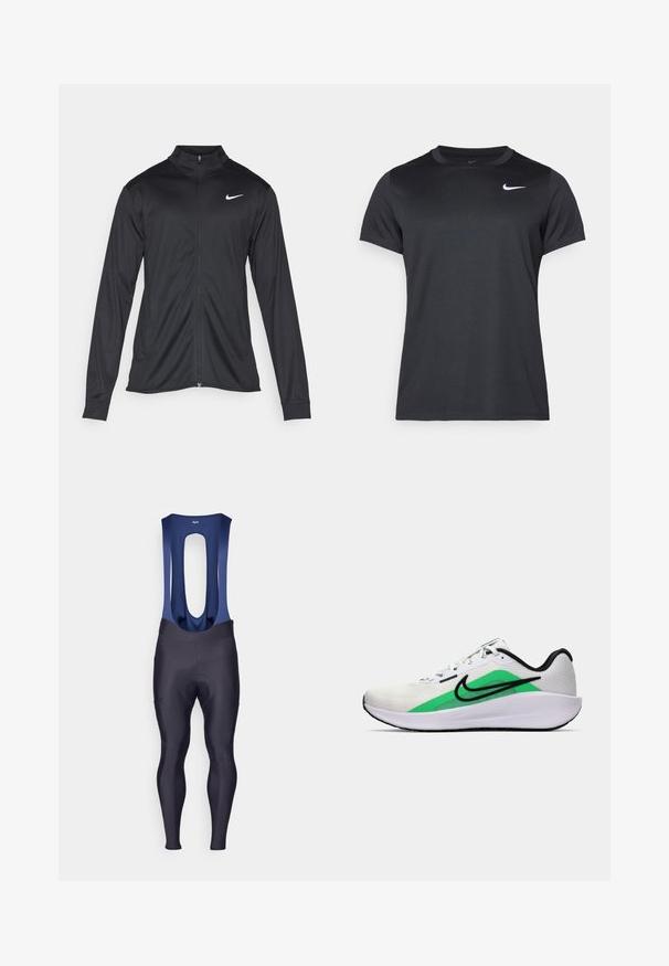 Zwarte sportjack met lange mouwen, kraag en volle rits. Voorzien van een subtiele Nike-logo in het wit op de bovenste linkerborst. Soepele textuur.; Zwarte Nike sport t-shirt met korte mouwen, ronde hals, gladde textuur, met een wit logo aan de bovenste linkerkant.; Rapha MENS CORE WINTER WITH PAD - Tights - dark navy/navy; Witte sportieve schoen met een groene accenta, zwart logo, bovenwerk van mesh, gevoerde zool en een afgeronde hak. Voorzien van veters en contrasterende details.