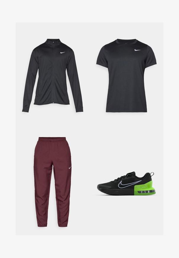 Schwarze Sportjacke mit langen Ärmeln, Kragen und voller Reißverschluss. Verfügt über ein dezentes Nike-Logo in Weiß auf der oberen linken Brust. Glatte Textur.; Schwarzes Nike Sport-T-Shirt mit kurzen Ärmeln, Rundhalsausschnitt, glatter Textur und einem weißen Logo auf der oberen linken Seite.; Burgunderfarbene Nike Jogginghose mit elastischem Bund, schmal zulaufenden Beinen und silbernem Logo. Hergestellt aus leichtem Stoff, mit glatter Textur und ohne Muster.; Schwarzer Sportschuh mit Mesh-Obermaterial, ausgestattet mit einer grünen und schwarzen Sohle mit Luftdämpfung und einem weißen Nike-Swoosh-Logo.