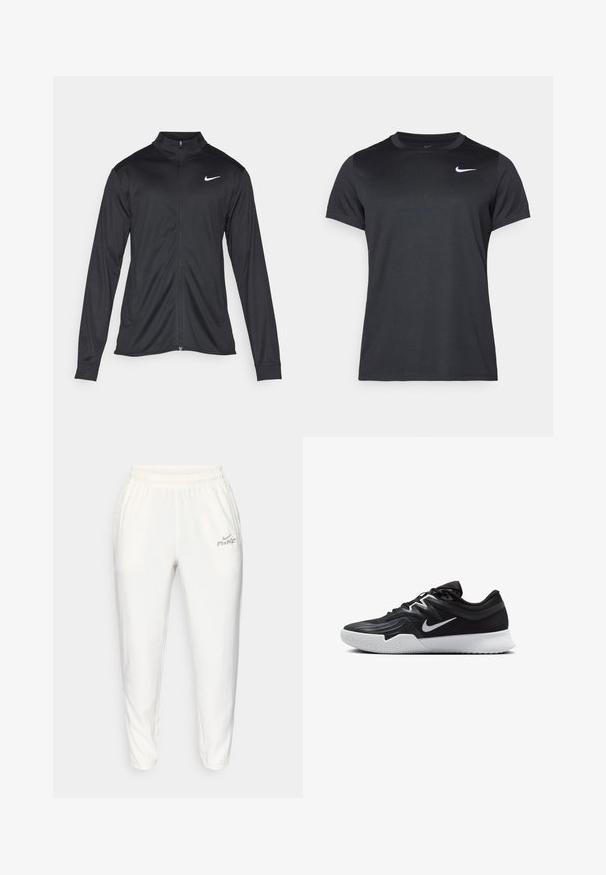 Črna atletska jakna z dolgimi rokavi, ovratnikom in polnim zadrgo. Vključuje diskreten bel Nike logotip na zgornjem levem delu prsnega koša. Gladka tekstura.; Črna športna majica Nike s kratkimi rokavi, krožnim izrezom in gladko teksturo, z belim logotipom na zgornji levi strani.; Bela trenirka z elastičnim pasom, stranskimi žepi in odsevnim Nike logotipom na levem stegnu, izdelana iz lahkega blaga.; Črne atletske čevlje z teksturirano zgornjico, belim Nike znakom in belim gumijastim zunanjim podplatom. Imajo vezalni dizajn in dinamično obliko.