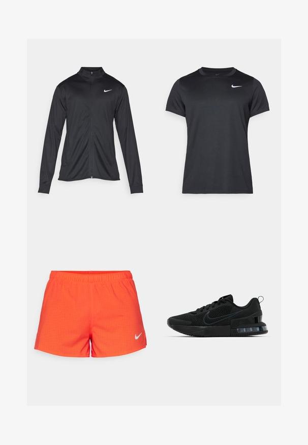 Zwarte sportjack met lange mouwen, kraag en volle rits. Voorzien van een subtiele Nike-logo in het wit op de bovenste linkerborst. Soepele textuur.; Zwarte Nike sport t-shirt met korte mouwen, ronde hals, gladde textuur, met een wit logo aan de bovenste linkerkant.; Shorts van feloranje mesh stof met een geperforeerde textuur, voorzien van een elastische tailleband en een wit Nike-logo op de linkerbenedenhoek.; Zwarte Nike sportschoen met een bovenwerk van mesh, rubberen zool, gepolsterde kraag en een opvallende transparante hakaccent.