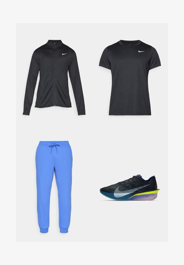Μαύρο αθλητικό μπουφάν με μακριά μανίκια, γιακά και πλήρη φερμουάρ. Διαθέτει ένα διακριτικό λευκό λογότυπο της Nike στη πάνω αριστερή πλευρά του στήθους. Λείος υφασμάτινος χαρακτήρας.; Μαύρο αθλητικό μπλουζάκι Nike με κοντά μανίκια, στρογγυλή λαιμόκοψη, λεία υφή, με λευκό λογότυπο στην επάνω αριστερή πλευρά.; Μπλε φόρμες από μαλακό ύφασμα με ελαστική μέση, ρυθμιζόμενο κορδόνι, πλαϊνές τσέπες και ριμπ φάσες στους αστραγάλους.; Μαύρο και μπλε αθλητικό παπούτσι τρεξίματος Nike με μεγάλο λευκό σήμα swoosh, κίτρινη και μωβ μεσαία σόλα, και κείμενο "ROAD RACING VF" στη φτέρνα.