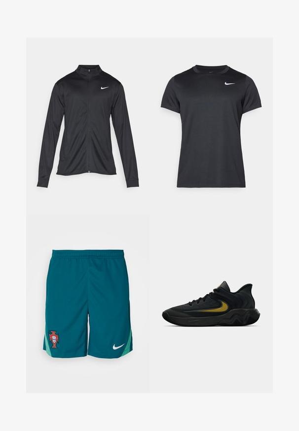 Juodas sportinis švarkas su ilgomis rankovėmis, apykakle ir pilnu užtrauktuku. Yra subtilus baltas Nike logotipas kairėje krūtinės pusėje. Lygus tekstūra.; Juodas Nike sporto marškinėliai trumpomis rankovėmis, su apvaliu kaklu, lygia tekstūra, su baltu logotipu viršutiniame kairiajame kampe.; Nike Performance PORTUGAL FPF STRIKE SHORT - Nacionalinės rinktinės apranga - geode teal/kinetic green/sail; Juodos ir tamsiai pilkos sportinės bateliai su juodais raišteliais ir auksiniu šypsenėlių logotipu, turintys bangos formos pado dizainą ir paminkštintą kulkšnies apykaklę.