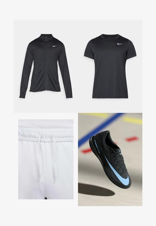 Schwarze Sportjacke mit langen Ärmeln, Kragen und voller Reißverschluss. Verfügt über ein dezentes Nike-Logo in Weiß auf der oberen linken Brust. Glatte Textur.; Schwarzes Nike Sport-T-Shirt mit kurzen Ärmeln, Rundhalsausschnitt, glatter Textur und einem weißen Logo auf der oberen linken Seite.; Weißer Sportshorts mit einem Mesh-Bund, verstellbaren Kordeln und einem weichen, strukturierten Stoff mit sichtbaren Nähten.; Schwarzer Sportschuh mit blauen Akzenten, strukturierter Oberfläche, Schnürdesign und markantem Nike-Logo. Gummisohle mit Grip-Mustern.