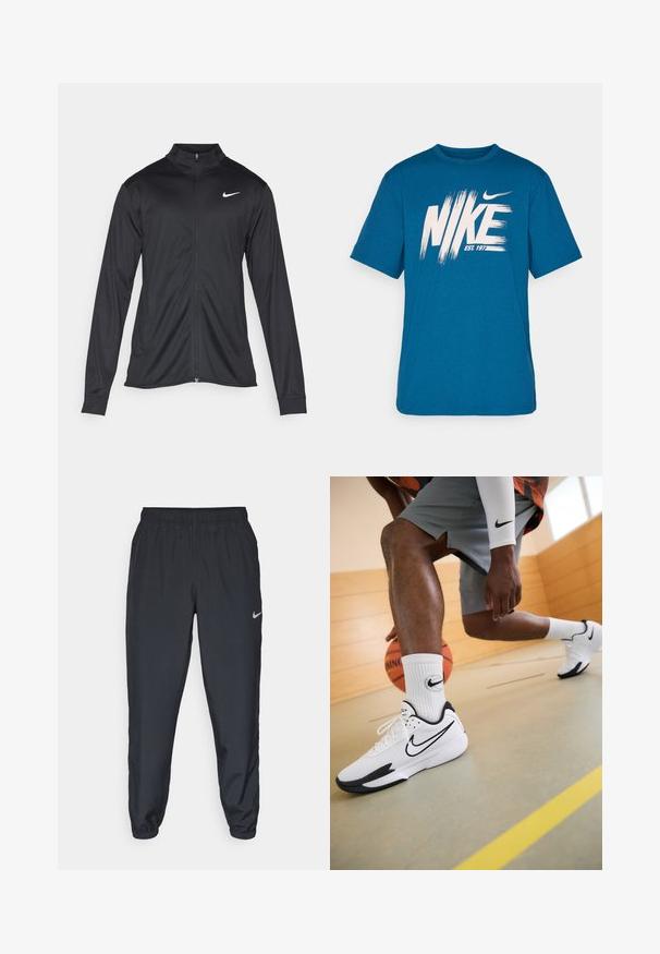 Fekete sportdzseki hosszú ujjal, gallérral és teljes cipzárral. Diszkrét fehér Nike logóval az upper bal mellen. Sima textúra.; Kék pamut póló, nagy fehér "NIKE" logóval, ecsetvonás hatású, és az "EST. 1977" felirattal alatta, kerek nyakkivágással és rövid ujjakkal.; Fekete sportnadrág könnyű anyagból, rugalmas derékkel és bokacsatokkal, a bal oldalon egy diszkrét Nike logóval.; Fehér Nike kosárlabda cipő fekete kiegészítőkkel, hálós felsőrésszel és texturált talppal. Fehér Nike márkájú zoknikkal és szürke rövidnadrággal viselve.