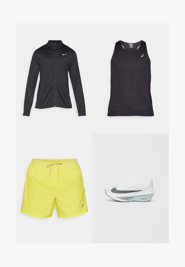 Jacket desportivo preto com mangas longas, colarinho e fecho zip completo. Apresenta um discreto logotipo da Nike em branco na parte superior do lado esquerdo do peito. Textura suave.; Top atlético preto sem mangas com decote em V, apresentando padrões geométricos texturizados e um logotipo refletivo no canto superior esquerdo. Tecido leve.; Calções amarelos com uma cintura elástica, fecho de cordão e tecido leve. Apresenta um discreto logótipo azul perto da bainha.; Sapatilha atlética branca com parte superior em malha cinza, entressola em espuma ZoomX azul e sola curvada para maior propulsão e conforto.