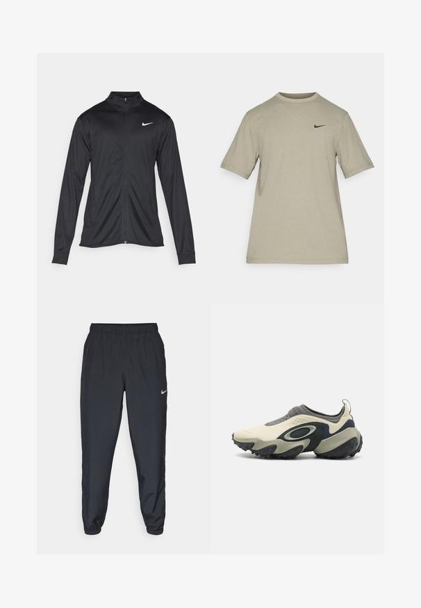 Jacket desportivo preto com mangas longas, colarinho e fecho zip completo. Apresenta um discreto logotipo da Nike em branco na parte superior do lado esquerdo do peito. Textura suave.; Camiseta verde de manga curta feita de tecido suave, com um decote redondo e um pequeno logótipo preto da Nike no lado esquerdo do peito. Design simples.; Calças de treino pretas feitas de um tecido leve, com um cós elástico, punhos nos tornozelos e um discreto logótipo da Nike no lado esquerdo.; Oakley EDGE ICON - Sapatos de golfe com pitões - cream/navy