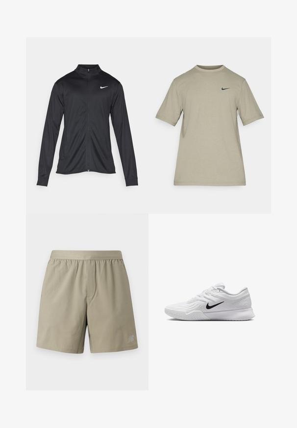 Schwarze Sportjacke mit langen Ärmeln, Kragen und voller Reißverschluss. Verfügt über ein dezentes Nike-Logo in Weiß auf der oberen linken Brust. Glatte Textur.; Grünes T-Shirt mit kurzen Ärmeln aus weichem Material, mit Rundhals und kleinem schwarzem Nike-Logo auf der linken Brust. Einfaches Design.; Beige Sportshorts mit elastischem Bund, einer einzelnen Vorderfach und einem Logo auf der unteren rechten Seite. Glattes, leichtes Material.; Weißer Sportschuh mit strukturiertem Mesh-Obermaterial, schwarzem Nike-Swoosh, gepolstertem Kragen und Gummisohle mit einem Profilmuster.