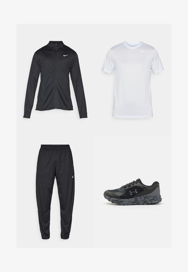 Fekete sportdzseki hosszú ujjal, gallérral és teljes cipzárral. Diszkrét fehér Nike logóval az upper bal mellen. Sima textúra.; Nike Performance TEE NEW VENEER - Sportfelső - football grey/pure/white; Fekete sportnadrág elasztikus derékpánttal, szűkülő lábakkal és egy kisebb fehér Nike logóval a bal combon. Sima anyag, nincs mintázat.; Fekete sportcipő texturált felsőrésszel, szürke álcázott mintázattal ellátott talppal és lapos fűzőkkel. Az oldalán az Under Armour logója található.