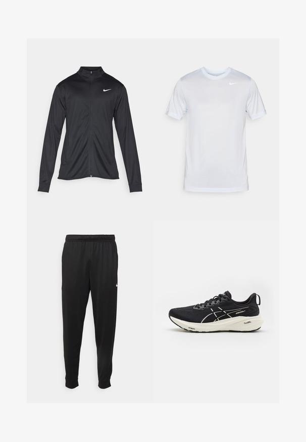 Veste de sport noire à manches longues, avec col et fermeture éclair intégrale. Présente un logo Nike subtil en blanc sur le côté supérieur gauche de la poitrine. Texture lisse.; Nike Performance TEE NEW VENEER - T-shirt de sport - football grey/pure/white; Pantalon de sport noir en tissu lisse, avec une taille élastique, des jambes fuselées et un petit logo blanc sur le côté gauche.; Baskets de course noires avec tige en mesh, accents blancs, semelle épaisse et technologie d'amortissement visible. Comprend des lacets et une languette au talon.