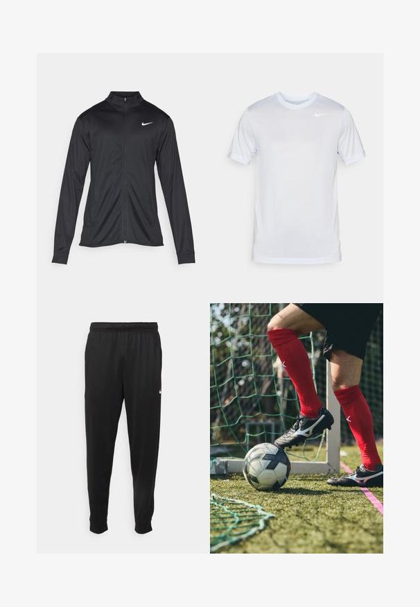 Black athletic jacket with long sleeves, collar, and full zipper. Features a subtle Nike logo in white on the upper left chest. Smooth texture.; Nike Performance TEE NEW VENEER - Sports T-shirt - football grey/pure/white; Black athletic pants made of smooth fabric, featuring an elastic waistband, tapered legs, and a small white logo on the left side.; Black soccer shoes with silver accents on a grass field, red socks, and a black-and-white soccer ball positioned beneath the foot.
