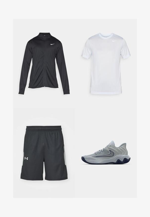 Melna sporta jaka ar garām piedurknēm, apkakli un pilnu rāvējslēdzēju. Uz kreisā krūts augšdaļas ir maigs Nike logo baltā krāsā. Gluda tekstūra.; Nike Performance TEE NEW VENEER - Sporta krekli - football grey/pure/white; Melni sporta šorti no viegla materiāla, ar elastīgu jostasvietu un divām sānu kabatām ar pelēkām akcentiem. Redzams Under Armour logo.; Pelēki sporta apavi ar strukturētu virsmu, ģeometriskiem akcentiem, mīkstu apkakli un gumijas zoli ar viļņotu dizainu. Redzams Nike logo.