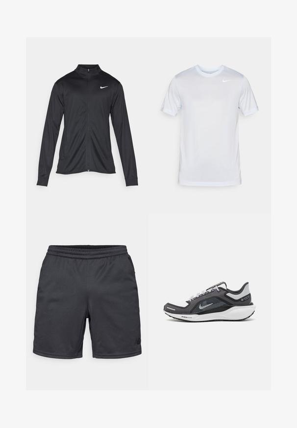 Must värvi sportlik jakk pikkade varrukatega, krae ja täispikk tõmblukk. Ülemises vasakus rinnas on diskreetne valge Nike logo. Sile tekstuur.; Nike Performance TEE NEW VENEER - Spordi T-särk - football grey/pure/white; Mustad mustus sportlikud lühikesed püksid siledast kangast, elastse vöökoha ja madala nurga logo. Ilma taskute ja mustriteta.; Mustern ja hallide värvusega spordijalats, millel on võrgusilmast ülemine osa, peegeldavad aktsendid ja valge vaheosa. Omab tekstuuriga kummist välisosa ja kingapaelu.
