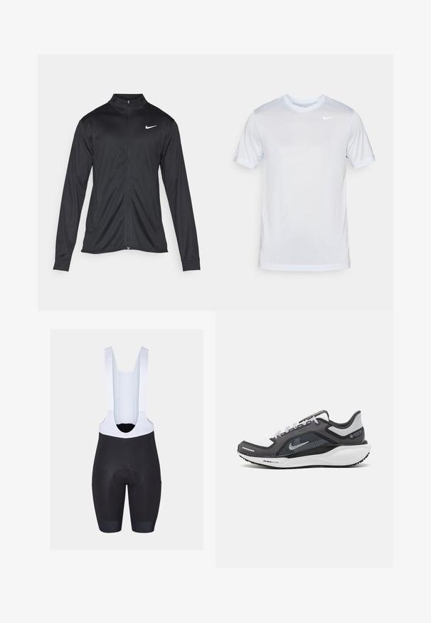 Juodas sportinis švarkas su ilgomis rankovėmis, apykakle ir pilnu užtrauktuku. Yra subtilus baltas Nike logotipas kairėje krūtinės pusėje. Lygus tekstūra.; Nike Performance TEE NEW VENEER - Sportiniai marškinėliai trumpomis rankovėmis - football grey/pure/white; Juodi šortai su baltais petnešomis, turintys paminkštintą sėdynę ir elastingas rankoves. Lygus paviršius su prekės ženklo logotipais ant petnešų.; Juodas ir pilkas sportinis batelis su tinkleliu viršuje, atspindinčiais akcentais ir balta vidurinė dalimi. Yra tekstūruota guminė išorinė pada ir raišteliai.