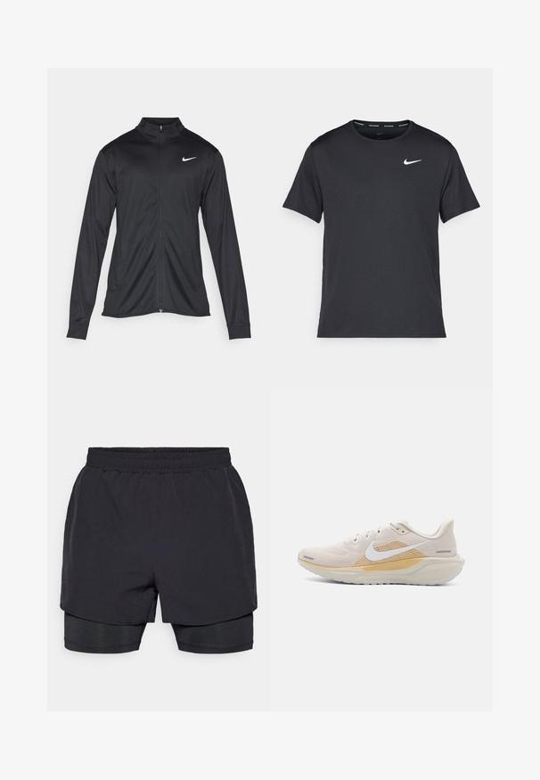 Zwarte sportjack met lange mouwen, kraag en volle rits. Voorzien van een subtiele Nike-logo in het wit op de bovenste linkerborst. Soepele textuur.; Zwarte Nike hardloop T-shirt gemaakt van lichtgewicht, ademend materiaal, met korte mouwen en een klein wit logo op de borst.; Zwarte sportshorts met een elastische tailleband, gelaagd ontwerp en een aansluitende binnenvoering. Glad textuur, ontworpen voor comfort.; Nike Performance AIR ZOOM PEGASUS 41 - Hardloopschoenen voor op de weg - light orewood brown/white/sesame