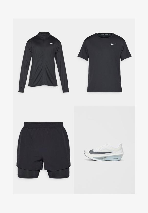 Čierna športová bunda s dlhými rukávmi, golierom a plným zipsom. Obsahuje nenápadné logo Nike v bielej farbe na hornej ľavej hrudi. Hladká textúra.; Čierne bežecké tričko Nike vyrobené z ľahkého a priedušného materiálu, s krátkymi rukávmi a malým bielym logom na hrudi.; Čierne športové šortky s elastickým pásom, vrstveným dizajnom a priliehavou vnútornou podšívkou. Hladká textúra, navrhnuté pre pohodlie.; Biele športové topánky s šedou sieťovinou, modrou strednou podrážkou z peny ZoomX a zakrivenou podrážkou pre zvýšenú dynamiku a pohodlie.