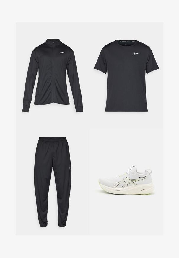 Giacca sportiva nera con maniche lunghe, colletto e zip completa. Presenta un logo Nike in bianco sulla parte superiore del lato sinistro del petto. Tessuto morbido.; Maglietta da corsa Nike nera realizzata in materiale leggero e traspirante, con maniche corte e un piccolo logo bianco sul petto.; Pantaloni sportivi neri con elastico in vita, gambe affusolate e un piccolo logo bianco Nike sulla coscia sinistra. Tessuto liscio, senza fantasie.; ASICS GEL-NIMBUS 26 - Scarpe da corsa su strada - white/birch