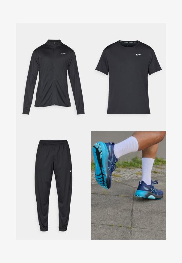 Must värvi sportlik jakk pikkade varrukatega, krae ja täispikk tõmblukk. Ülemises vasakus rinnas on diskreetne valge Nike logo. Sile tekstuur.; Mustamust Nike'i jooksupaita, mis on valmistatud kergest ja hingavast materjalist, lühikeste varrukatega ja mille rinnal on väike valge logo.; Mustad sportpüksid elastse vöökoha, kitsenevate jalgade ja väikese valge Nike logo'ga vasakul reitel. Sile kangas, ilma mustriteta.; ASICS GEL-KAYANO 31 - Maanteejooksu jalatsid - blue expanse/digital aqua