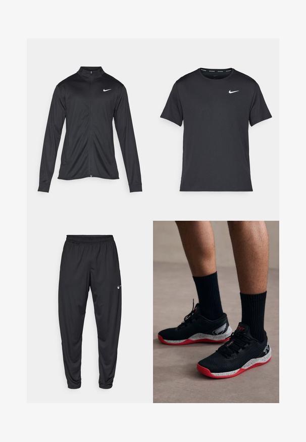 Must värvi sportlik jakk pikkade varrukatega, krae ja täispikk tõmblukk. Ülemises vasakus rinnas on diskreetne valge Nike logo. Sile tekstuur.; Mustamust Nike'i jooksupaita, mis on valmistatud kergest ja hingavast materjalist, lühikeste varrukatega ja mille rinnal on väike valge logo.; Mustad sportpüksid elastse vöökoha, kitsenevate jalgade ja väikese valge Nike logo'ga vasakul reitel. Sile kangas, ilma mustriteta.; TYR CXT2 - Treeningjalatsid - black/red